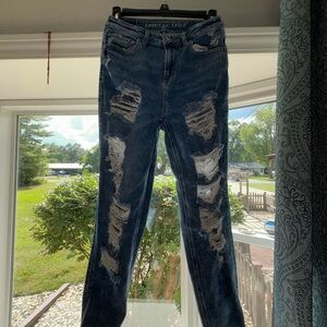 American Eagle Outfitters Blue Skinny Jeans with Distressed Details
